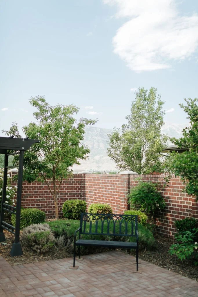 Patio bench with a mountain view